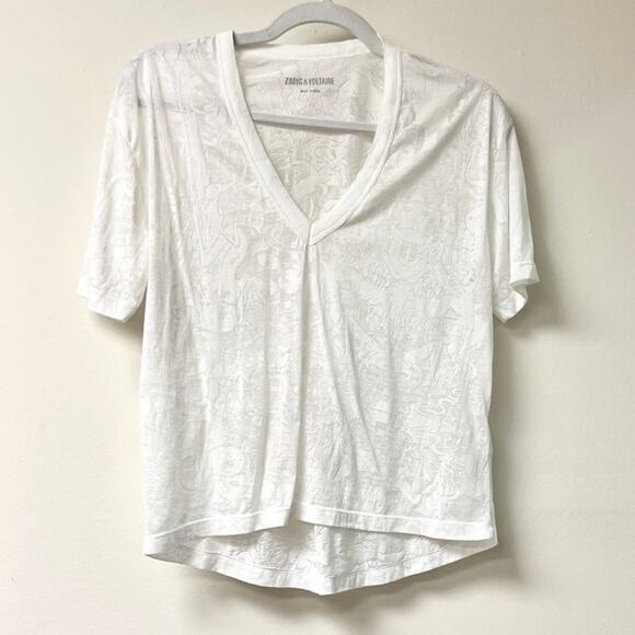 Zadig & Voltaire Wassy Burn Printed Short Sleeve V-neck Tee White Women's S - Picture 2 of 5